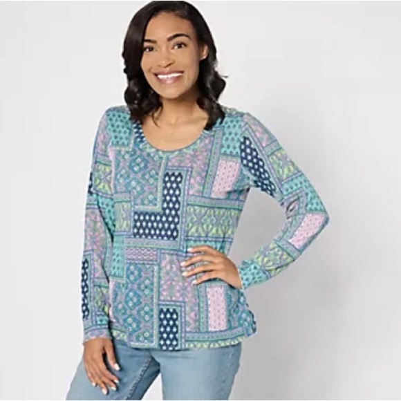 Denim&Co Tops - New  Patchwork Denim & Co. Canyon Retreat Long Sleeve Printed‎ Scoop Neck Top